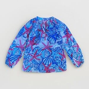 Lilly Pulitzer XS 100% Silk Blouse Pink Tropical Starfish Smocked V-Neck Top